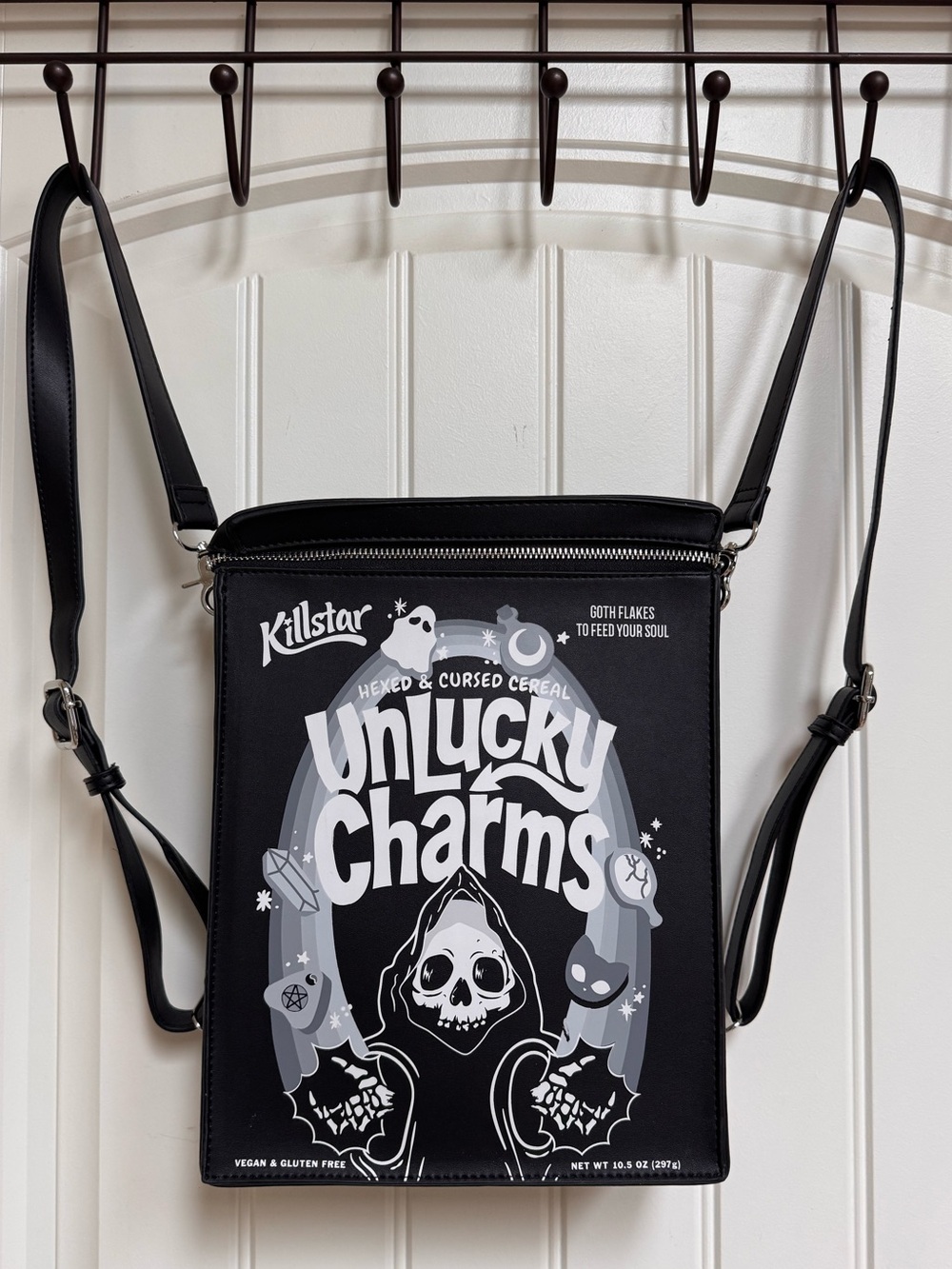 Killstar Unlucky Charms Faux Leather Backpack. 9” by 11.5” by 3”